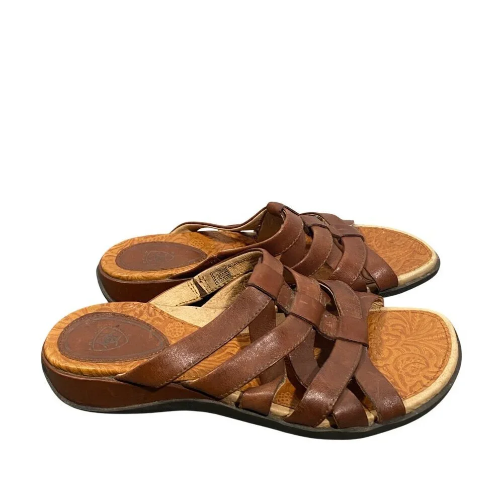 Ariat Womens Leather Slide Sandals Brown Size 7B Embossed Footbed & Strappy Desi
